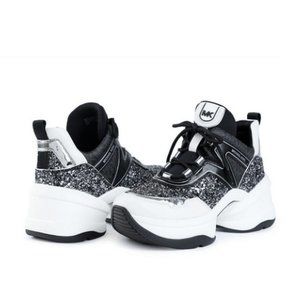 MICHAEL KORS Olympia Glitter Trainer Sneaker Women’s Black Silver 8.5M Lace Up